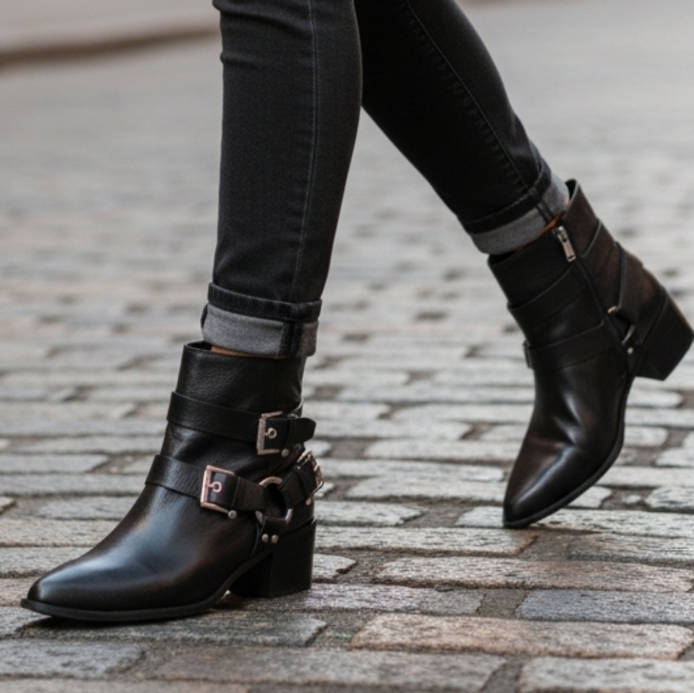 Aldo Black Leather Ankle Boots with Buckle Detail Moto Military Harness Boots